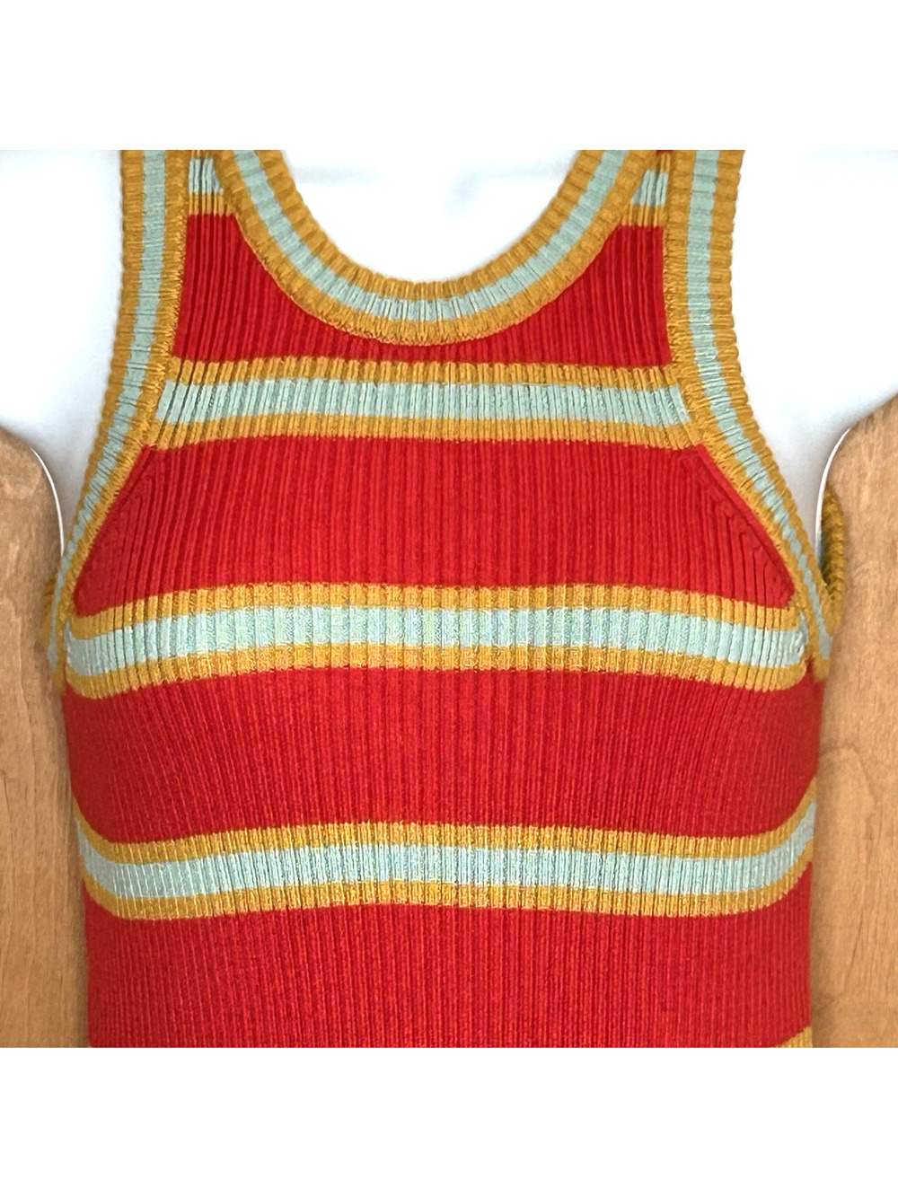Mother Knit Midi‎ Dress XS Red Mint Stripe Ribbed Stretch Sleeveless Tank Sheath